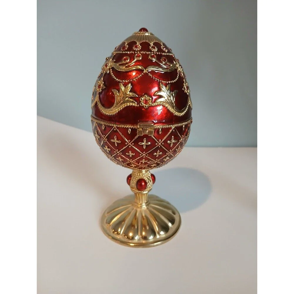 Red Enamel Egg Ruby Jewel Wind Up Music Box Christmas Tree W Presents